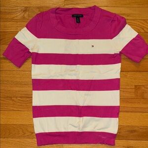 Tommy Hilfiger Pink and White Striped Women’s Knit Shortsleeved Sweater